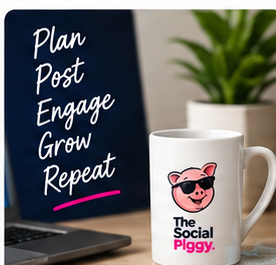 Social Piggy planning artwork showing a branded mug beside a laptop with the words “Plan, Post, Engage, Grow, Repeat”.